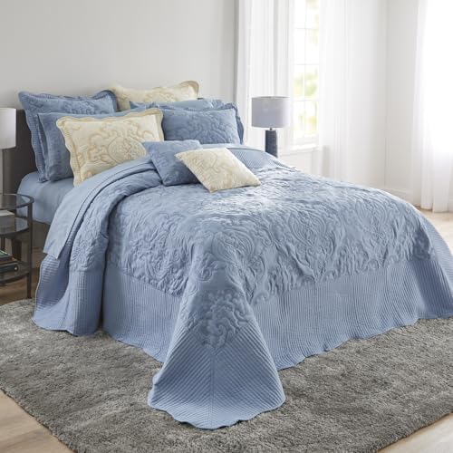 BrylaneHome Bedding Lightweight All Season Modern Amelia Quilted Damask Oversized Ultra Soft Bedspread - Queen, Ivory Seaglass