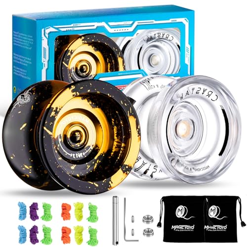 Image of MAGICYOYO Responsive Yoyo Pack of 2 - N11 Black Golden Yoyo and K2 Crystal Fingerspin Yo Yo for Kids Beginners, Dual Purpose Yo Yyos with Unresponsive Bearings Kit, 2 Yo-yo Bags, 12 Yo-yo Strings