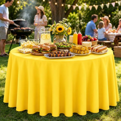 Image of WNINK 4 Pack Yellow Round Tablecloth, 84 Inch Disposable Plastic Table Covers, Yellow Round Table Cover for Birthday Parties, Holiday, Picnic, BBQ, Family Gathering Party Supplies