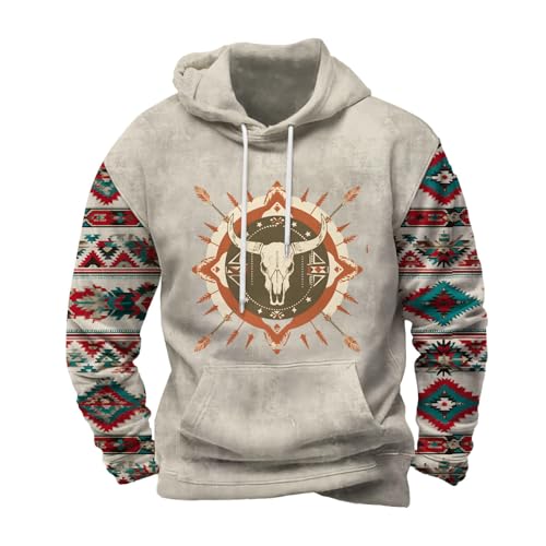 Hoodies for Men Tribal Aztec Western Country Cowboy Sweatshirt Ethnic Retro Casual Oversized Pullover with Pocket