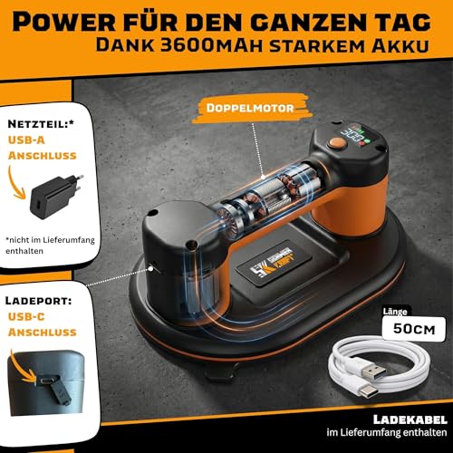 Saugheber Fliesen Akku Fliesenheber - Premium Fliesen Werkzeug mit 300Kg Haltekraft, extrem starker Glassauger für Glas, höchste Sicherheit und Belastbarkeit - Schwerkraft