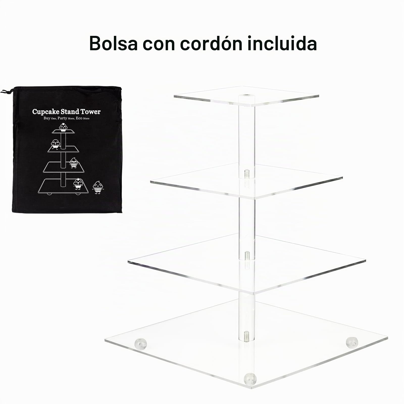 AMEITECH Soporte para magdalenas, 4 niveles, cuadrado, acrílico, para postre, torre, pastelería, para boda, cumpleaños, fiesta, temática, transparente