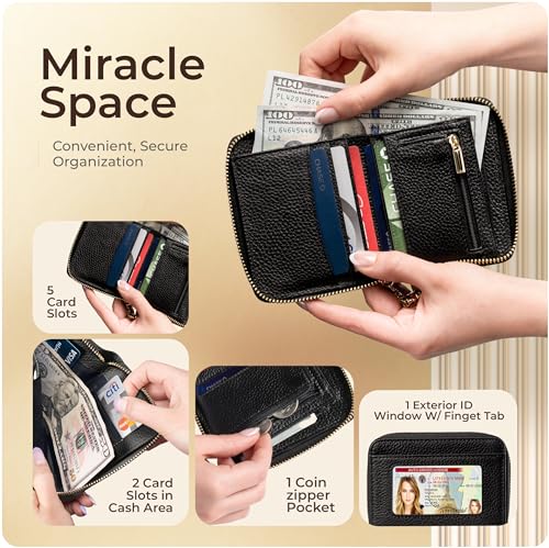 Claasico RFID Small Zipper Wallet for Women, Ladies Genuine Leather Bifold with Coin Zipper Pocket w/Anti-Theft Travel Protection2