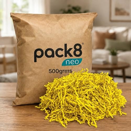 Image of Pack8neo Shredded Paper Cutting For Giftpacking, Hampers, Gift Baskets & Boxes, 500g | Sustainable grass paper, Crinkle Cut filler, Gift Packaging Protection & Recyclable decoration material, Yellow