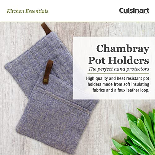 Cuisinart Chambray Pot Holders With Soft Insulated Pockets, 2Pk - Heat Resistant Hot Pads, Trivets Protect Hands And Surfaces From Hot Kitchenware - Ideal Kitchen Set With Faux Leather Loop - Marine #TOP1