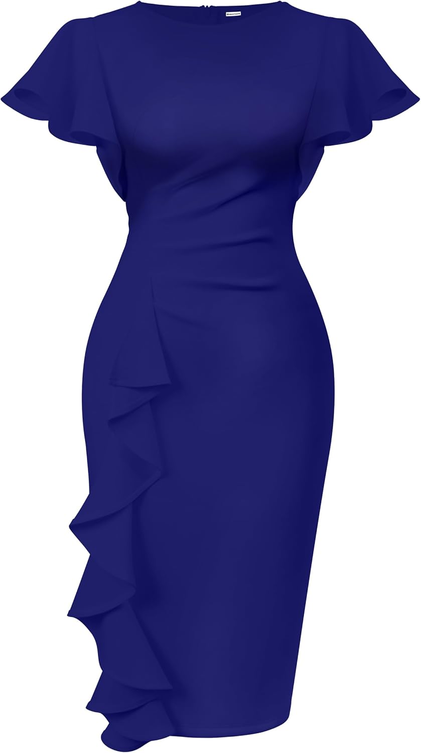 Memoriesea Women's Vintage Church Ruffle Sleeve Ruched Bodycon Work Midi Pencil Dress Medium Royal Blue
