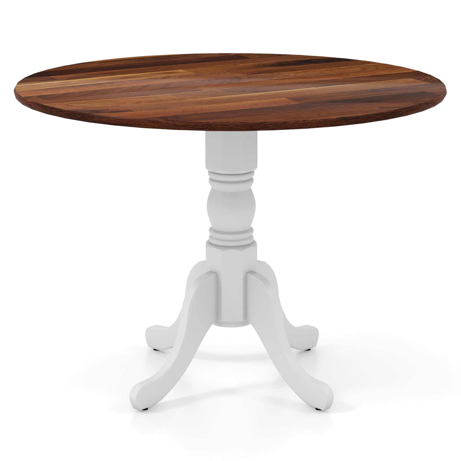 COSTWAY 100cm Round Dining Table, Rubber Wood Kitchen Table with Wooden Effect Top and Curved Trestle Legs, 4 Seaters Rustic Dinner Table for Home Dining Room Living Room (Walnut+white)