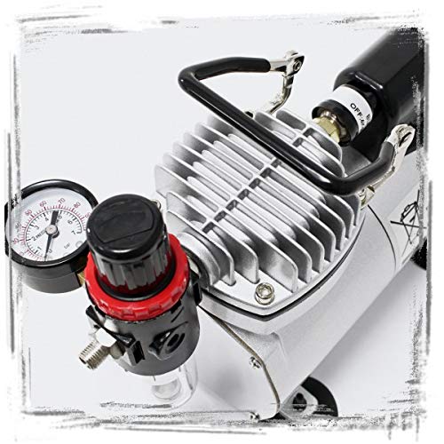 Fengda FD-18-2 mini Airbrush kompresör, güçlü hava akımı ve hava basıncı, tek pistonlu yağsız mini kompresör, regülatör, filtur ve manometre ile donatılmıştır