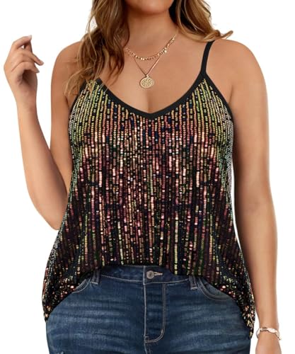 TIYOMI Plus Size Tank Tops for Women Sexy V Neck Strappy Sequin Sparkle Shimmer Camisole Glitter Party Sleeveless Tops