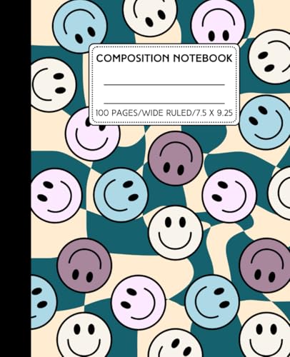 Groovy Smiley Face Composition Notebook Wide Ruled: Retro Aesthetic for School, Cute Smiley Faces, 7.5 x 9.25 100 pages