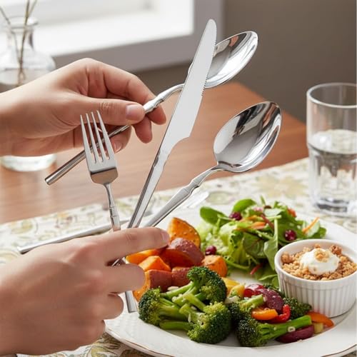 Image of 25 Pcs Silver Cutlery Set for Dining Table the Perfect Lightweight Silim Handle Tableware Including Dinner Spoon, Dinner Fork, Dinner Knife, Dessert Spoon & Dessert Fork