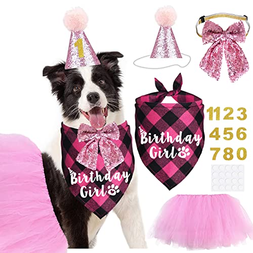 JOTFA Forniture per feste di compleanno per cani, costume di compleanno per cani, motivo scozzese, per compleanno, ragazza, papillon per cani di piccola taglia e media taglia (rosa, set da 6)