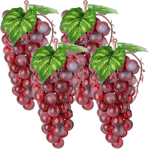 SYOZPXY 4 Bunches Fake Red Grapes, Plastic Lifelike Fruit Realistic Simulation of Grape Decorations, Artificial Fruit Props for Kitchen Party Photography, Accessories for Decoration