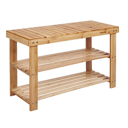 HOMFA Bamboo Shoe Rack Bench 3-Tier, Shoe Organizer, Storage Shelf, Good Load Bearing, Ideal for Entryway Hallway Living Room and Corridor Natural Color
