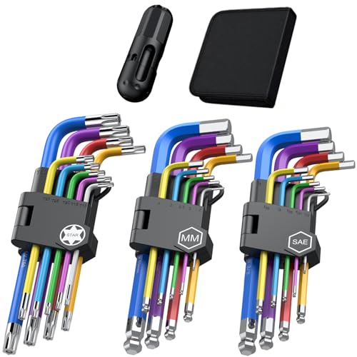 Image of 27PCS Color Allen Key Set, Ball&Star Hex Key Set, T Handle Allen&Torx Wrench Set, Metric Allen Wrench Set with Chrome Vanadium Steel, for Bicycle Repair, Household DIY, 1.5-10mm, T10-T50, 1 /16-3 /8