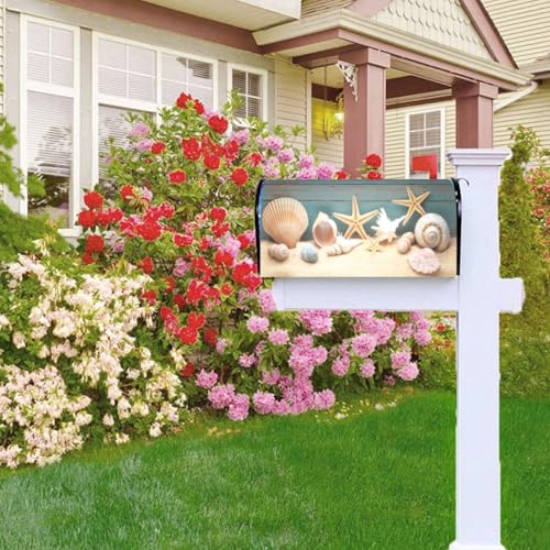 Image of Summer Beach Shells Starfish Sea Mailbox Cover Magnetic Marine Wood Texture Waterproof Mailbox Wraps Post Letter Box Decor 21x18 in
