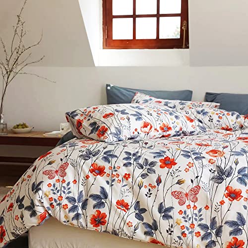 Wellboo Botanical Comforter Sets King White And Blue Floral Bedding Comforter Sets Cotton Grey Blue Plant Warm Blankets Girls Women Watercolor Flower Quilt Garden Bohemian Bedding Rustic Leaf Blossom #TOP1