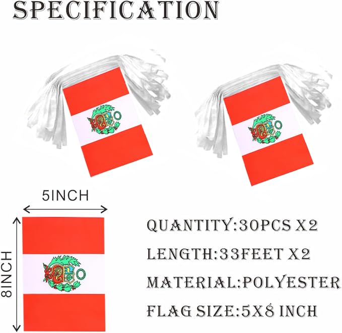 Image of 2 Pack Peru Flag Banner String Small Mini 66 Feet 60 Pcs Peruvian Hanging Flags Decoration