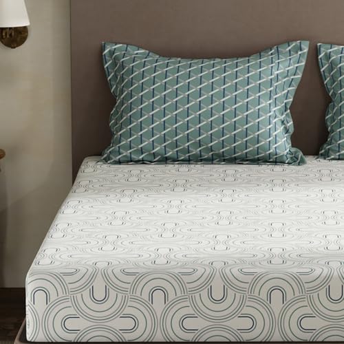 Image of Layers 100% Cotton King Size Bedsheet Set | White & Grey Geometric Print | 120 TC Forever Collection | Soft & Breathable | Washable Bedsheet with 2 Pillow Covers | All Season