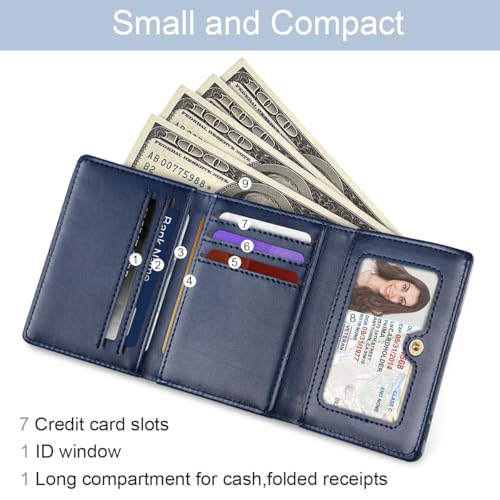 Image of Trifold Womens Wallet Small Slim RFID Blocking Card Wallet Cute Credit Card Holder Leather Mini Purse with Cash Pocket 7 Card Slots ID Window, Forest