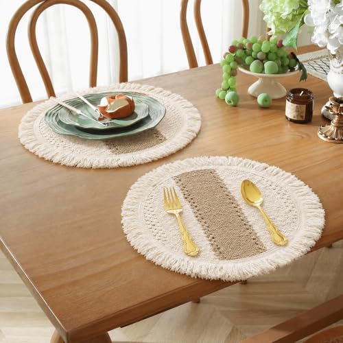 Image of HomeCloud Croshia Woven Table placemat - Heat Resistant, Washable Table Decoration for Dining, Office, Kitchen, Hotel, and Home (Round White Beige, Set of 1)
