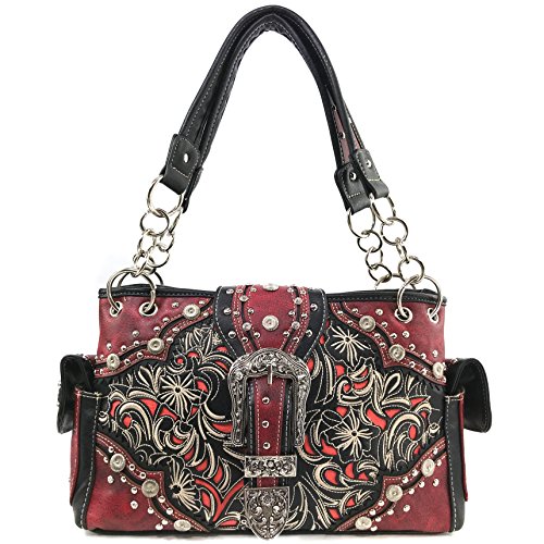 Justin West Turquoise Stone Buckle Rhinestone Western Floral Embroidery Shoulder Handbag | Trifold Wallet (Red Handbag Only)