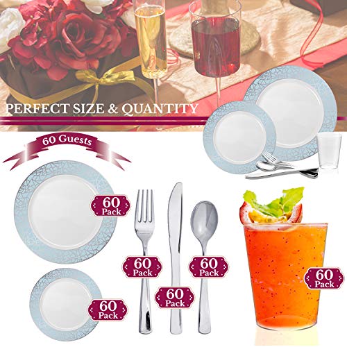 Elegant Disposable Plastic Dinnerware Set For 60 Guests - Fancy White With Blue & Silver Mosaic Dinner Plates, Dessert Salad Plates, Silverware Set & Cups For Wedding, Birthday Party & All Occasions #TOP4