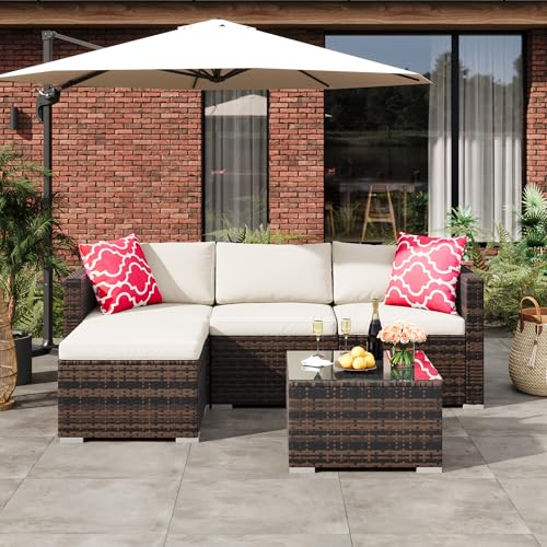 Image of GAOMON 5 Pieces Patio Furniture Sets All Weather Outdoor Sectional Patio Sofa Manual Weaving Wicker Rattan Patio Seating Sofas with Cushion and Glass Table