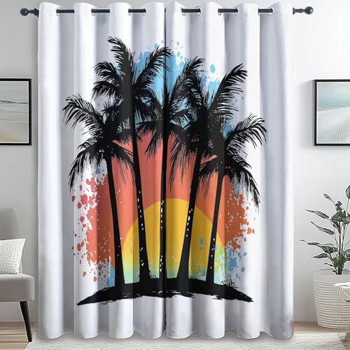 Cortinas Opacas Blanco Decoración de Ventanas Acuarela Siluetas De Palmeras Impresas para Dormitorio Sala de Estar guardería habitación Cortina 140An x 260Al cm (2 Paneles) con Ojales