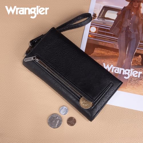 Image of Montana West X Wrangler Black Wallet for Women Large Wristlet Wallet with Rfid Lining Trifold Cash Wallet with Coin Purse and Detachable Wrist Strap