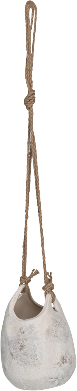 Creative Co-Op Hanging Stoneware Planter with Jute Rope Hanger and Distressed Volcano Finish, White