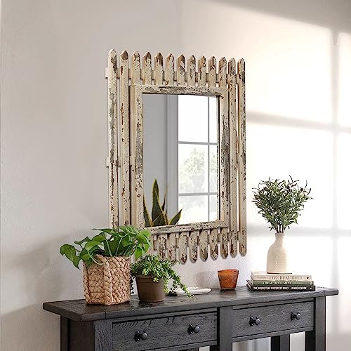 Farmhouse Mirror Wall Decor 16" X 20", Hanging Distressed White Rustic Fence Design Wooden Framed Mirror, Shabby Chic Large Decorative Mirror, Unique Mirrors For Living Room Bedroom Entryway Bathroom #TOP3