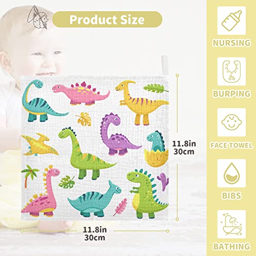 Image of Cartoon Dinosaur Baby Muslin Washcloths Cute Burp Cloths Soft Absorbent Baby Wash Cloth Fingertip Face Towels for Newborn Boys Girls 12 x 12 in, 5 Pack