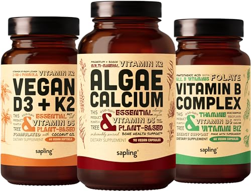 sapling Algae Calcium & Vegan D3 + K2 & Vitamin B Complex Bundle - Calcium Supplement from Red Algae, 4000 IU Vitamin D3 and 100mcg Vitamin K2, Essential B Vitamins