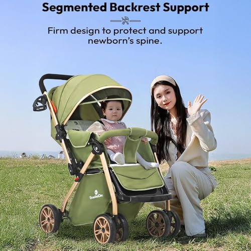 Image of StarAndDaisy Foldable Baby Stroller for 0-3 years Infant & Toddler / Travel Pram for Baby with 360 Swivel Lockable Front Wheels , Multi-Level Recline & Adjustable Footrest , Removable Tray , Safety Harness Belt -Green