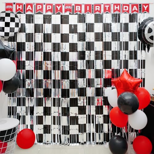 Image of Race Car Birthday Party Decoration, Including 2 Pack Black Silver Checkered Streamers, 22pcs Race Car Party Balloons & 1pcs Race Car Birthday Banner for One Happy Dude Race Car Theme Party Supplies