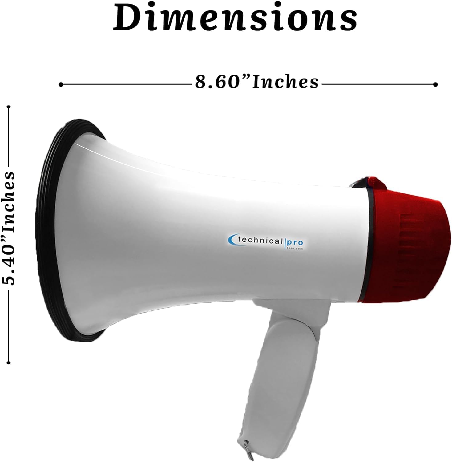 Diagram showing the dimensions of the Technical Pro megaphone: 8.60 inches in length and 5.40 inches in height.