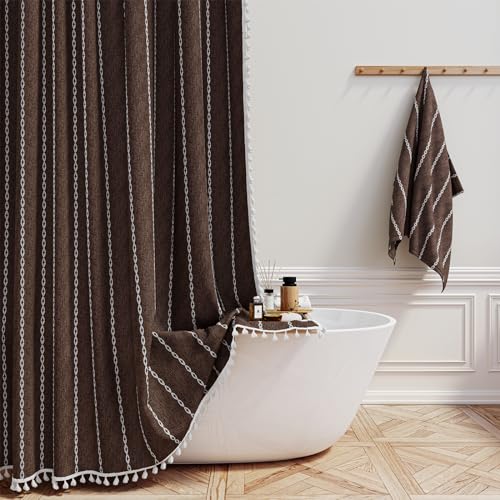 BTTN Boho Shower Curtain Bohemian Linen Fabric Heavy Duty Striped Shower Curtains Set with Tassel Water Repellent Farmhouse Aesthetic Shower Curtain for Bathrooms with Hooks 72x72 Brown