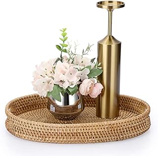 IGNPION Oval Rattan Serving Tray Decorative Display Tray Table Storage Tray with Handle Table Desktop Organiser Tray for Tableware, Kitchen,Makeup,Vanity,Jewelry,Candle, Ornament (35x26cm)