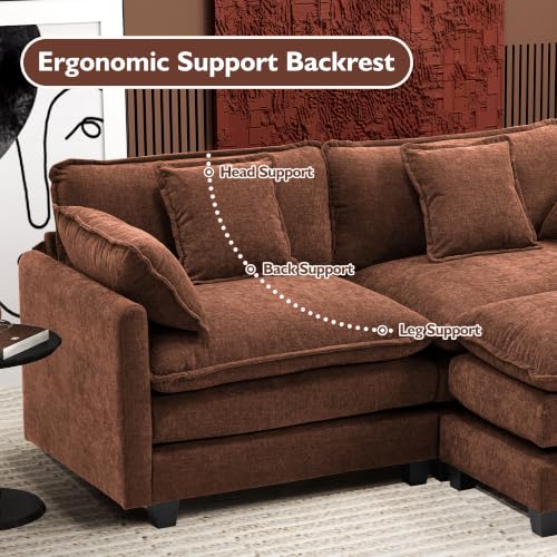 Image of Ihanherry 77 inch L Shaped Modern Sofa Modular Sectional Luxurious and Comfortable with Ottoman, 3-Seat Chenille Deep Seat Sofa with Pillow for Living Room, Bedroom and Apartment,Brick Red