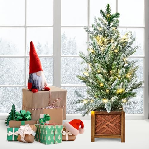 GarveeHome Small Christmas Tree with Lights, 24 Inch Prelit Artificial Mini Christmas Tree, Tabletop Snow Flocked Xmas Tree in Wood Pot for Table Centerpiece Office Dorm Desk Decorations