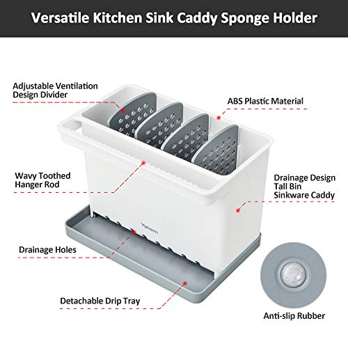 YOHOM Kitchen Sink Caddy Sponge Holder Organizer Brush Holder 2-in-1 Sinkware Caddy with Sink Drain Tray for Kitchen Dish Sponge Holder with 4 Adjustable Divider