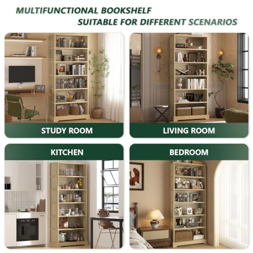 Image of TVU 6-Tier Wooden Bookshelf, 77.2 inch Tall Farmhouse Style Open Bookcase, 31.5 inch W Standing Book Shelf with Storage, Suitable for Study, Living Room, Office, Natural Wood Color