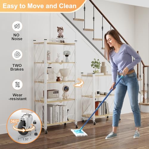 Image of 5-Tier Foldable Storage Shelves with Wheels Wood Grain Transfer | Portable Structure, Suitable For Kitchen, Bedroom, Living Room, Bathroom, Garage, 59*26*13in