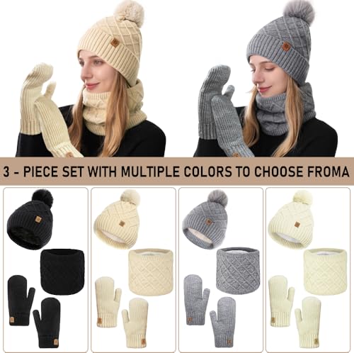 Bseical Mütze Schal Handschuhe Set Damen Winter Warme Wintermütze mit Bommel & Weiches Fleecefutter, Loop Schal Schlauchschal Winterschal Winterhandschuhe für Weihnachten Geschenk für Frauen 3in1 Set