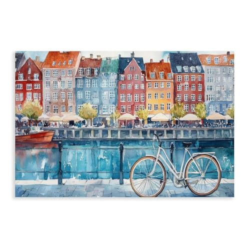 HKXAG Copenhagen Watercolor Poster Landscape Wall Art Copenhagen Wall Hanging Home Décor Gift Art Lovers Denmark Canvas Poster Bedroom Decor Room Unframe 16x24inch