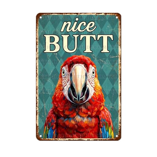 DecoMyth Macaw Parrot Nice Butt Vintage Metal Tin Sign Funny Tropical Bird Bathroom Wall Art Retro Humor Poster Restroom Toilet Gag Gift 12 * 8inch