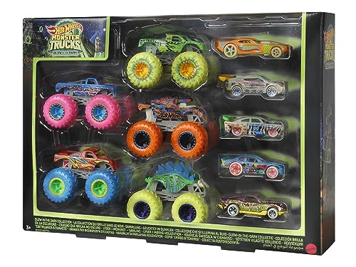 Hot Wheels - Monster Trucks - Coffret 10 Véhicules Phosphorescents - 5 Monster Trucks, 5 Voitures - À Collectionner - Échelle 1/64 - Cadeau dès 4 Ans, HCB57