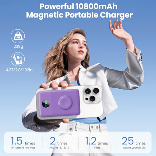 Image of APHUWJ Magnetic Portable Charger Power Bank,Compact 10800mAh LCD Display Wireless Portable Charger,PD USB-C in&Out Battery Pack Compatible with Magsafe,iPhone 17 /17 Pro Max /16 /15 /14 Series (Purple)