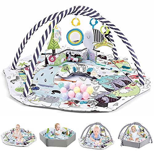 Image of TFDER Baby Gym Play Mat, 8-in-1 Tummy Time Mat & Activity Gym, Washable Ball Pit, Infant Play Mat with Detachable Toys for Sensory Exploration and Motor Skill Development